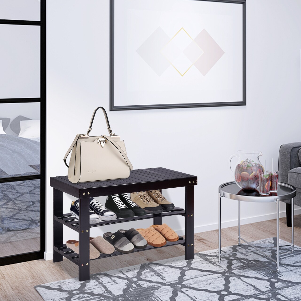 3-Tier Wicker Slatted Shoe Bench Holds up to 6 Pairs for Entryway